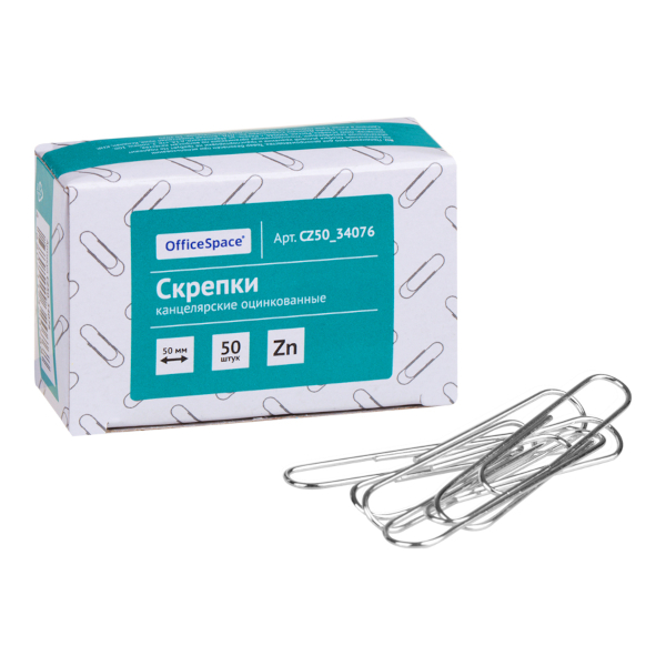 Скрепки 50мм OfficeSpace овальные, оцинкованные, в карт.уп. (50шт) CZ50_34076