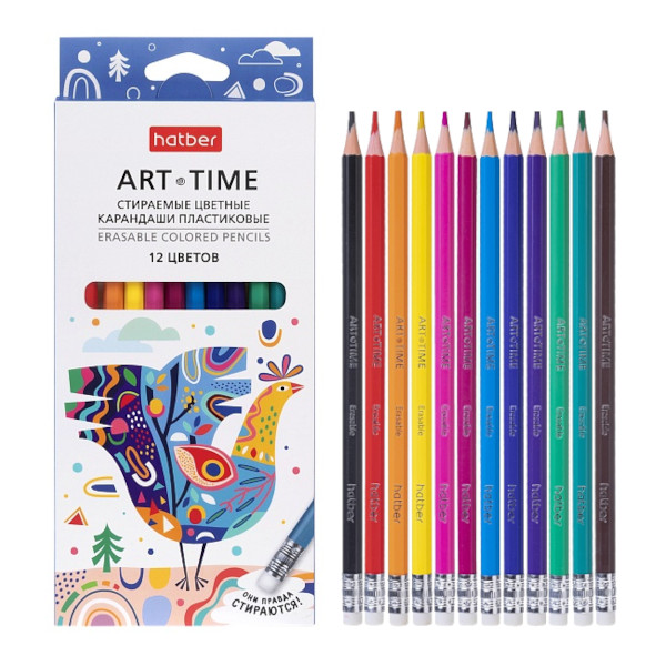 Карандаши 12цв, пластик, 6-гран. "Art-time. Стираемые" ластик, карт.уп. CS_085923 Hatber