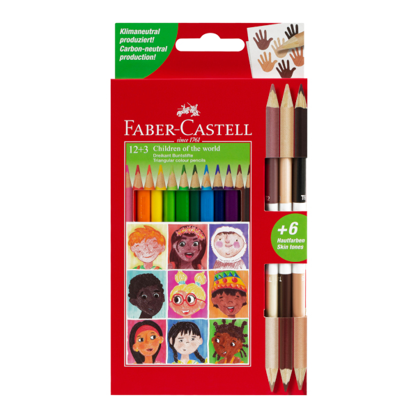 Карандаши Faber-Castell "Дети мира" 15шт/12+3цв., 3-гран., дерево, карт.уп. 511514