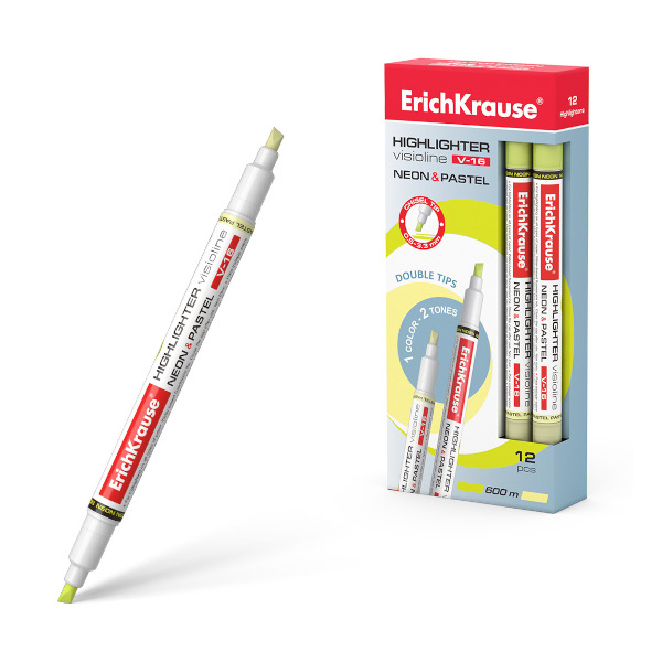 Текстовыделитель Erich Krause V-16 Neon+Pastel /желтый/скош./двухстор./0,6-3,3мм 56015