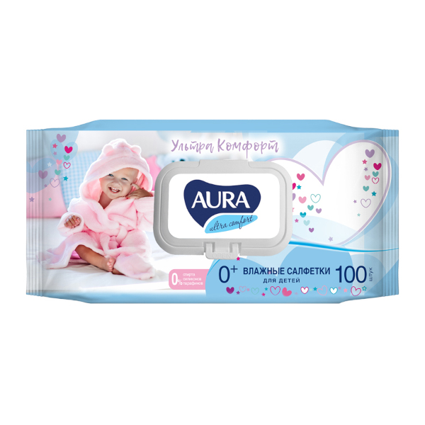 Салфетки влажные Aura "Ultra comfort" детские, алоэ, 16,5*16,5шт, 100шт/пач 270362