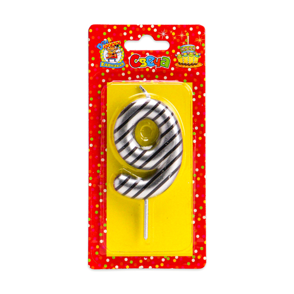 Свеча для торта в полоску "Цифра 9" серебряная, С-2528 Миленд