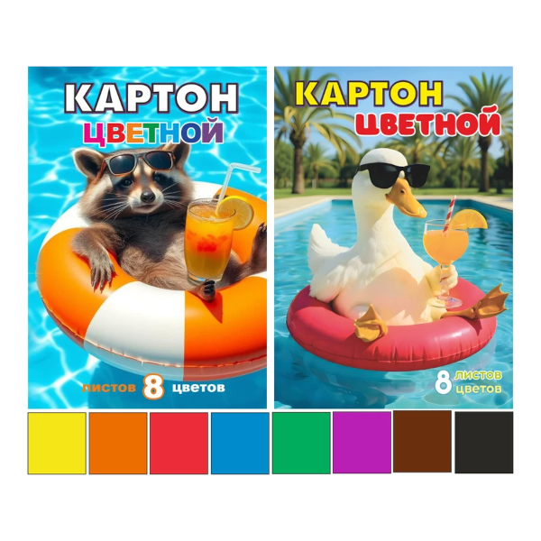Картон цветной немелованный А4, 8л/8цв "Енот и гусь" ассорти 00834 Lamark