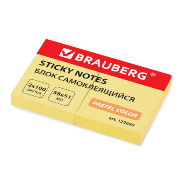 Липкий блок Brauberg 38*51мм 100л желтый 122688