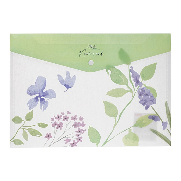 Папка-конверт на кнопке А4, 1отд., 180мкм, рисунок "Natural blue flowers" AKk4_33478 Hatber