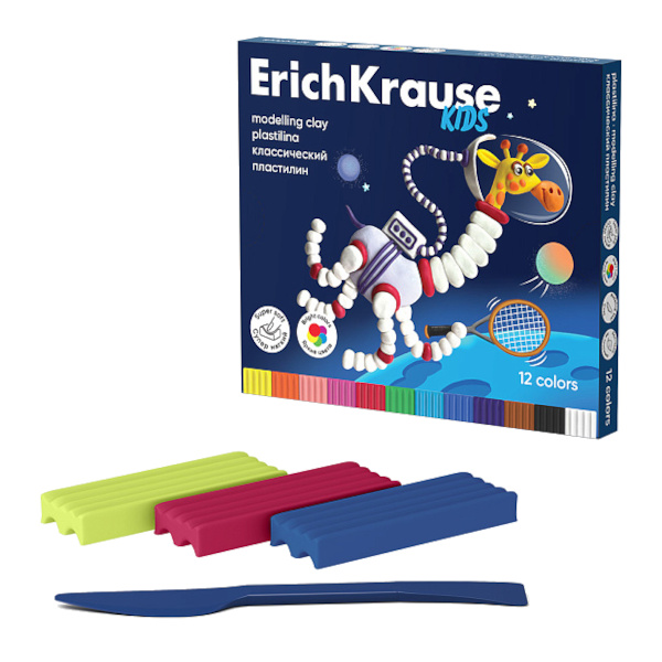 Пластилин Erich Krause "Kids Space Animals" 12цв, 216г, классич., со стеком 61332