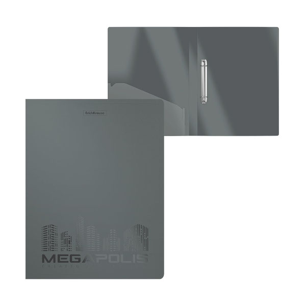 Папка 2 кольца А4, 24мм, 600мкм, карман внутрен., серая "Megapolis" 49980 Erich Krause