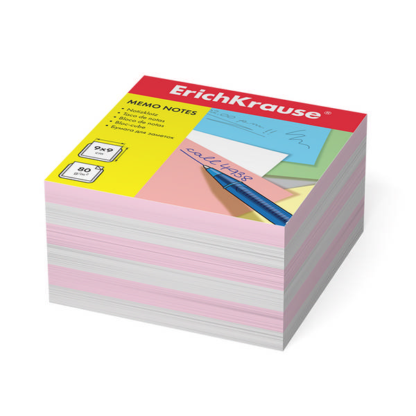 Блок для записей Erich Krause 90*90*50мм, белый/розовый, 80г/м2, белизна 98% ЕК2719