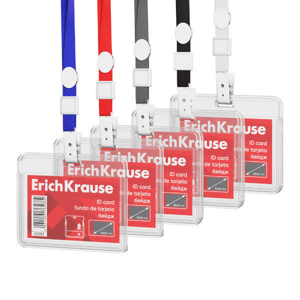 Бейдж 54*85мм горизонт., клип/шнур ассорти, пластик, прозрач. 62083 Erich Krause (1шт)