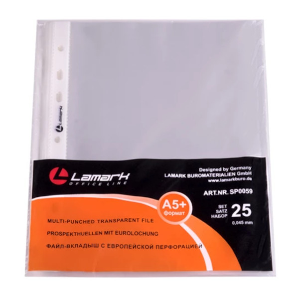 Файл (мультифора) А5+ 45мкм, прозрачный, матовый SP0059 (уп 25шт) Lamark упаковка