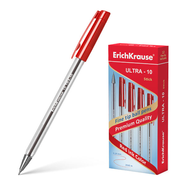Ручка шар. масл. осн. 0,7мм, красный, игольч., прозрач. корп. "Ultra-10" 39433 Erich Krause