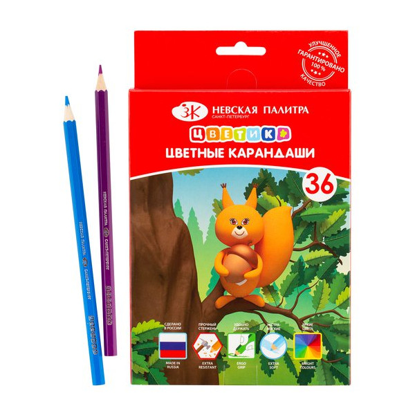 Карандаши 36цв, дерево, 6-гран "Цветик" карт.уп. 37411404 Невская палитра