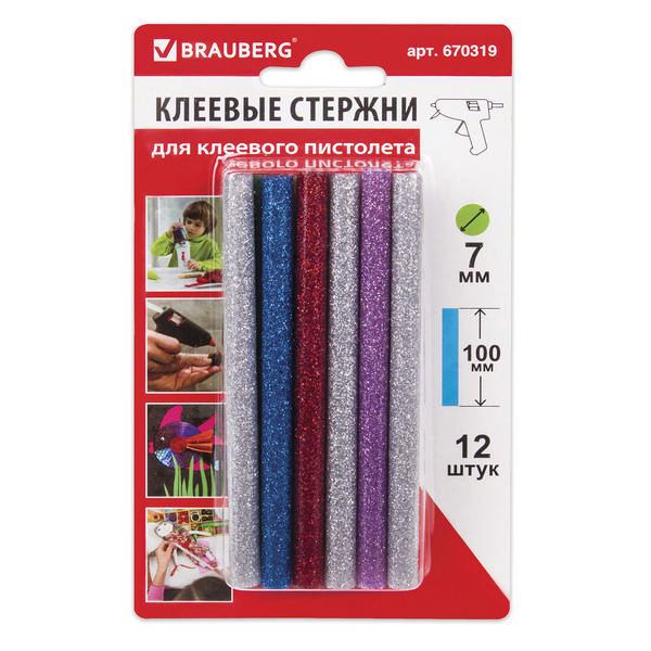 Стержни для клеевого пистолета, цветные с блестками 12шт, 0,7*10см BRAUBERG  уп.европ. 670319