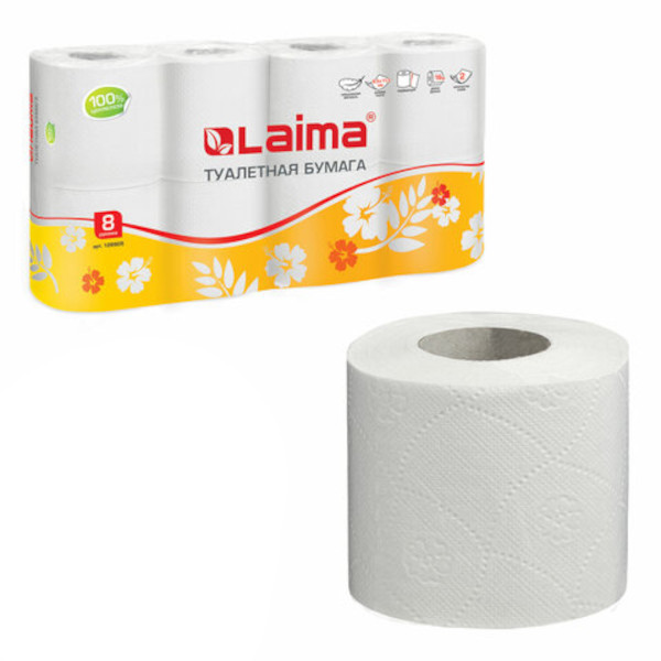 Бумага туалетная 2-слойная Laima 8см*19м, втулка, белая (1уп*8рул.) 126905