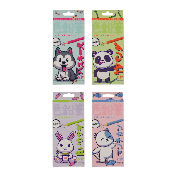 Карандаши 12цв, пластик, круглый "Kawaii animals" ассорти, карт.уп. 30-0127 Bruno Visconti
