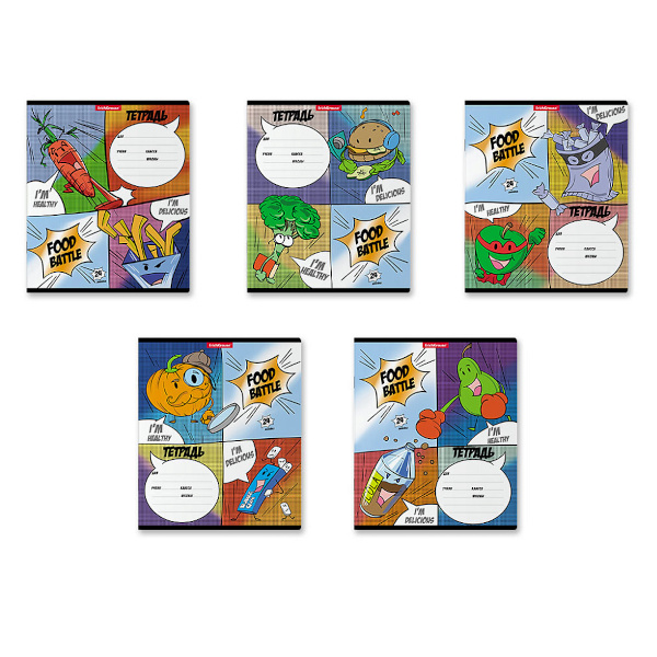 Тетрадь 24л А5+ линейка "Food Battle" картон, ассорти 58266 Erich Krause