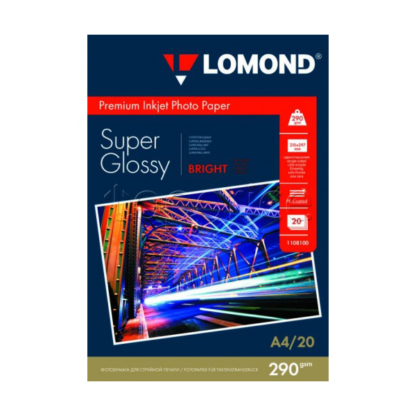 Бумага А4 Lomond для стр.пр. 290г/м2, суперглянцевая, односторонняя 1108100 (20л)