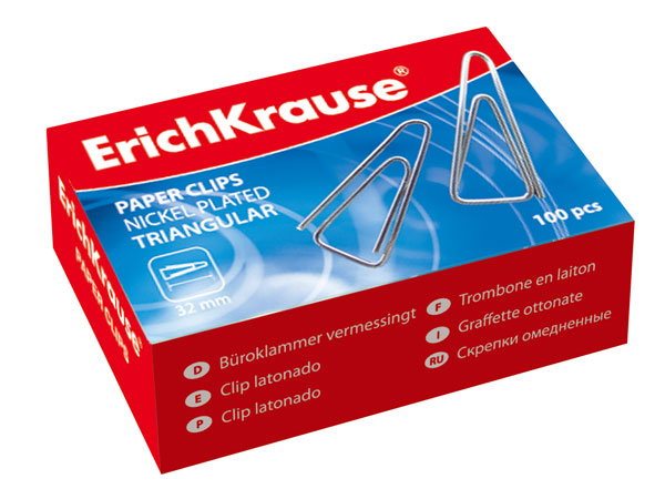 Скрепки 32мм Erich Krause треугольные, никелированные, в карт.уп. (100шт) ЕК24870