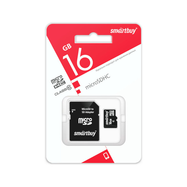 Карта памяти micro SDHC 16Gb Smartbuy Class 10 с адаптером SB16GBSDCL10-01LE