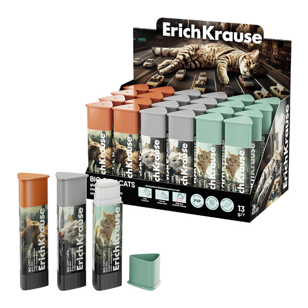 Клей-карандаш 13г, PVP, ассорти "Prism Big City Cats" 63166 Erich Krause