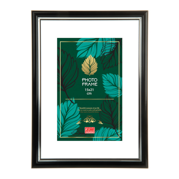 Фоторамка 15*21 пластик, багет 16мм, черный/серебро, вставка стекло, ножка 2-598РП1521 Полином