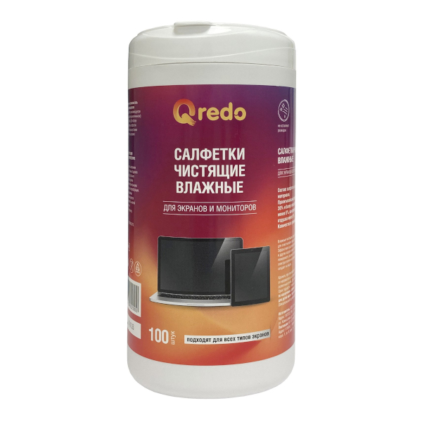 Салфетки чистящие Qredo для экранов и мониторов всех типов, туба (100штук) 41-4596