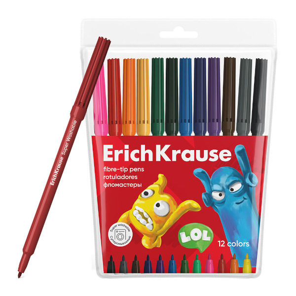 Фломастеры Erich Krause "Jolly Friends" 12цв, смываемые, ПВХ-чехол, с европ. 61831