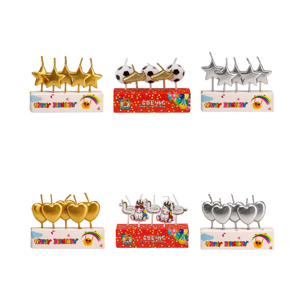 Свечи для торта на пиках ФИГУРНЫЕ (1уп*5шт) ассорти 10*10,5см С-6006/6023/2542/2540/2541/2539 Миленд
