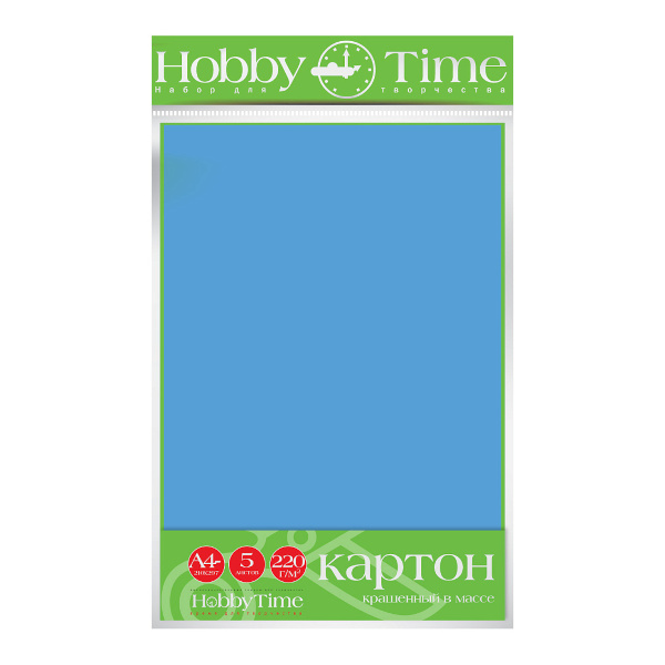 Картон цветной, крашенный в массе, А4, 5л, 220г/м2, голубой 2-063/07 Hobby Time