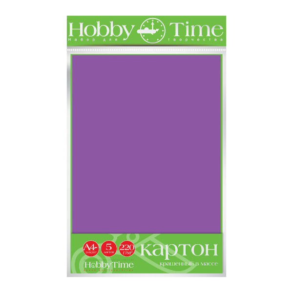 Картон цветной, крашенный в массе, А4, 5л, 220г/м2, сиреневый 2-063/01 Hobby Time