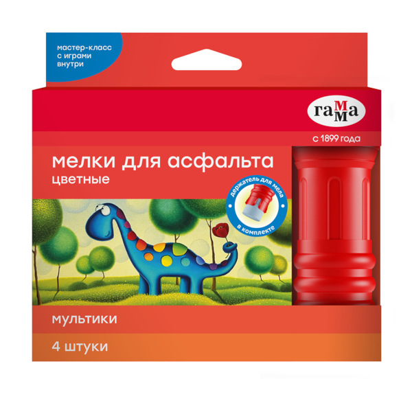 Мел цветной 4цв/4шт асфальтовый "Мультики" пластик.держатель, круглый, карт.уп. 221120224 Гамма