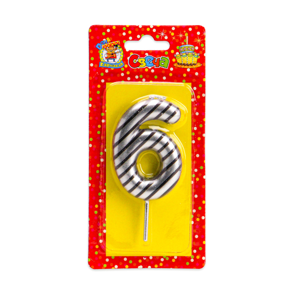 Свеча для торта в полоску "Цифра 6" серебряная, С-2525 Миленд