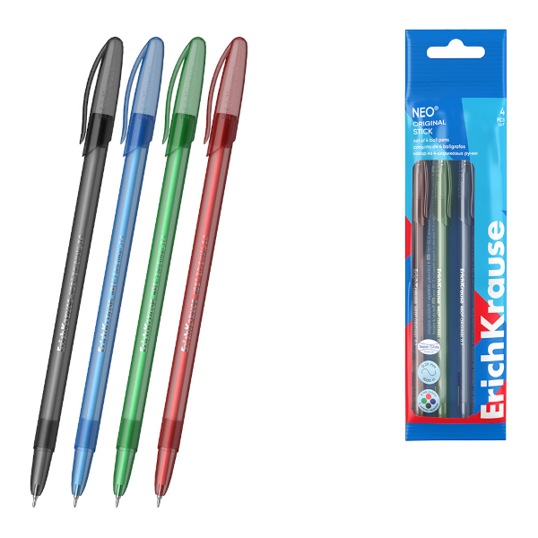 Набор шар. ручек масл. осн. (4цв) Erich Krause "Neo. Stick" син., чер., красн., зел. 0,7мм 47509