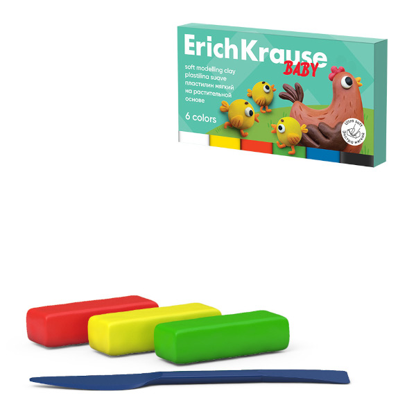 Пластилин Erich Krause "Baby" 6цв, 120г, мягкий, карт.уп., со стеком 61323