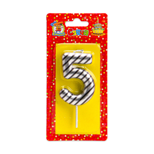 Свеча для торта в полоску "Цифра 5" серебряная, С-2524 Миленд