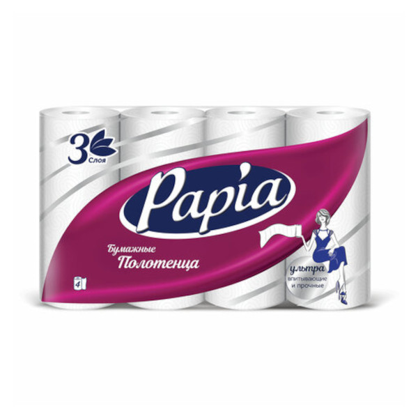 Полотенца бумажные 3-слойные, 13*23см, белые с тиснением, 4рул*11,2м 5081506 Papia