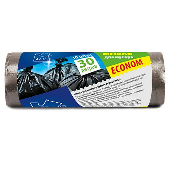 Пакеты для мусора ПНД 30л, 7мкм, 50*60см, черные, 30шт/рул "Econom" PRO933C A.D.M.