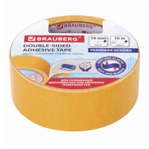 Клейкая лента (скотч) двусторонняя 38мм*10м, 250мкм, тканевая основа 606428 Brauberg