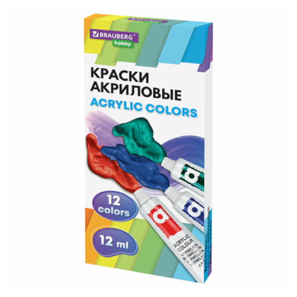 Краски акриловые Brauberg "Hobby" 12цв/12шт*12мл, карт.уп. 192403
