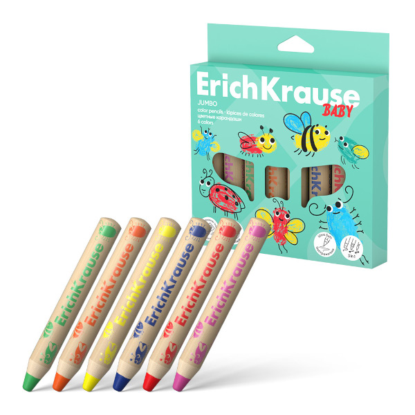 Карандаши Erich Krause "Baby Jumbo" 6шт/6цв, утолщ., круг., дерево, точилка 61778