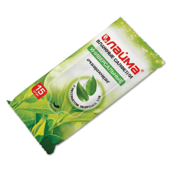 Салфетки влажные 15шт/уп очищающие с экстрактом зеленого чая ЛАЙМА 125956