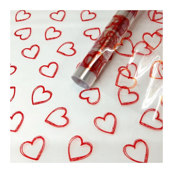 Пленка упаковочная 70*750см, рулон, прозрач. с рис. "Сердечки контурные" красный 991356 Миленд