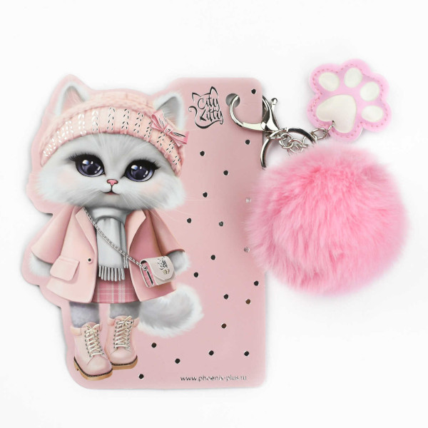 Брелок "Кошечка в пальто" 6*6см, иск.мех, кольцо/карабин, розовый 70867 Феникс+