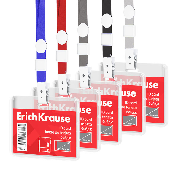 Бейдж 54*86мм горизонт., клип/шнур ассорти, пластик прозрач. 62087 Erich Krause (1шт)