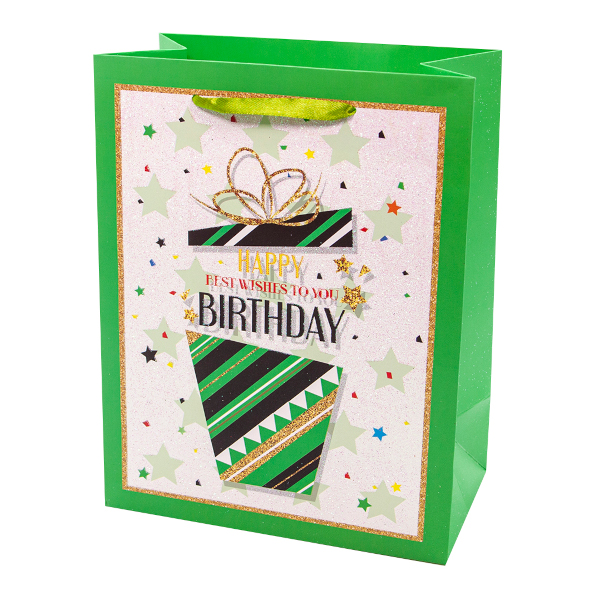 Пакет бумажный 23*18*10см "С Днем Рождения! (зеленый подарок)" 202343 Дон Баллон