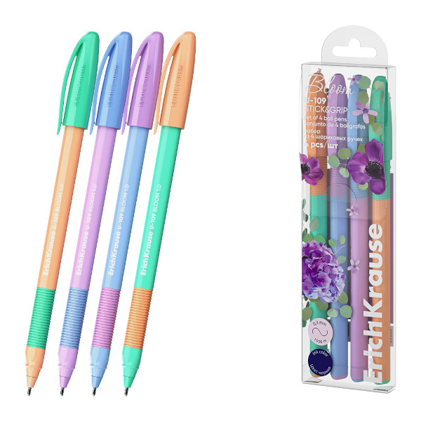 Набор шар. ручек масл. осн. (4шт/1цв) Erich Krause "U-109 Pastel Bloom" 1,0мм, синий, ассорти 61026