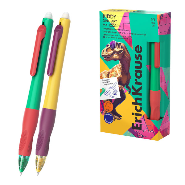 Ручка гелевая стираемая автомат. 0,5мм, синий, корп. ассорти "Dino Art. Kiddy" 63696 Erich Krause