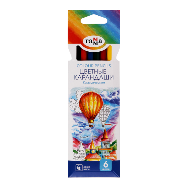 Карандаши 6цв, дерево, 6-гран. "Классические" карт.уп. 050918_01_01 Гамма