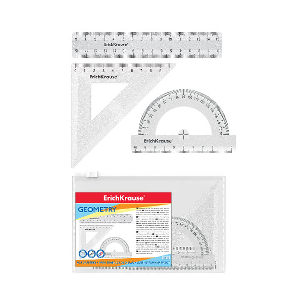 Геометрический набор 3предм.(линейка 15см, угольник 45°, транспортир) "Clear Glitter" 53031 Erich Kr