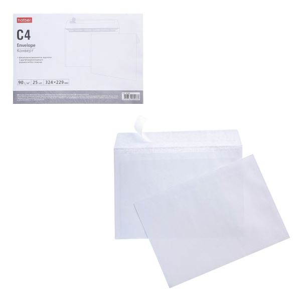 Конверт С4 229*324мм без окна, запечатка, стрип, 80г/м2 (уп*25шт) 80гр/м2 4LK_02500 Hatber